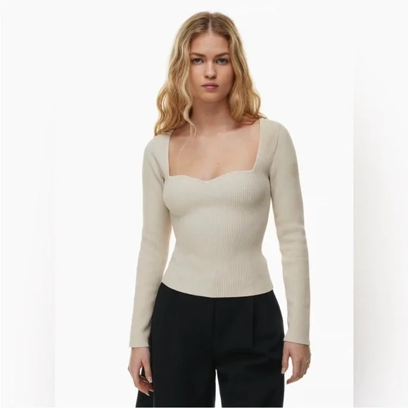 Aritzia Babaton Sculpt Knit Sweetheart Long Sleeve Top Cream Ribbed Size XL - Picture 2 of 8
